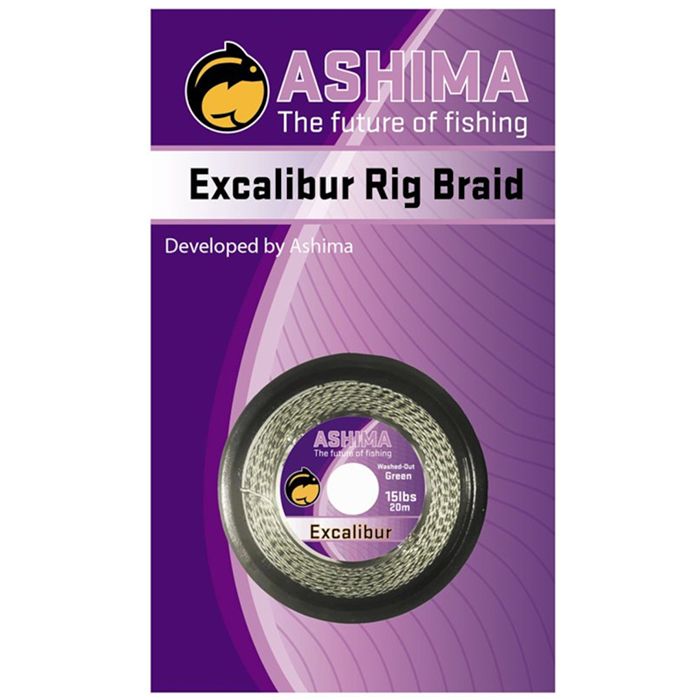 Ashima Excalibur, Rig Washed Out Brown en camou green gevlochten lijnen 15 en 25 lbs